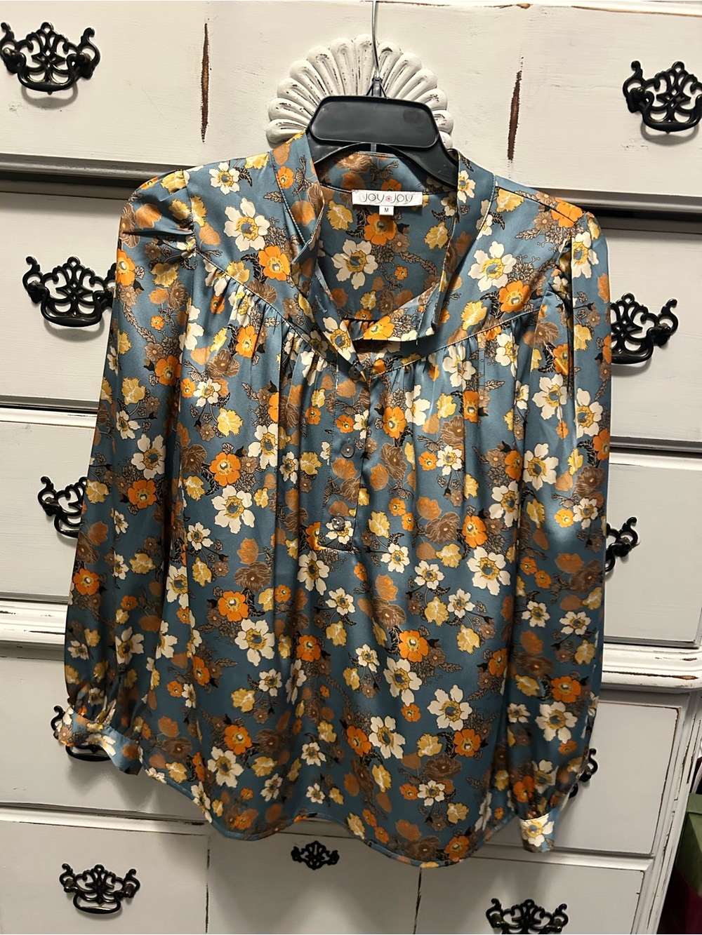 Joy Joy Teal Floral Ruffle-Trim Blouse